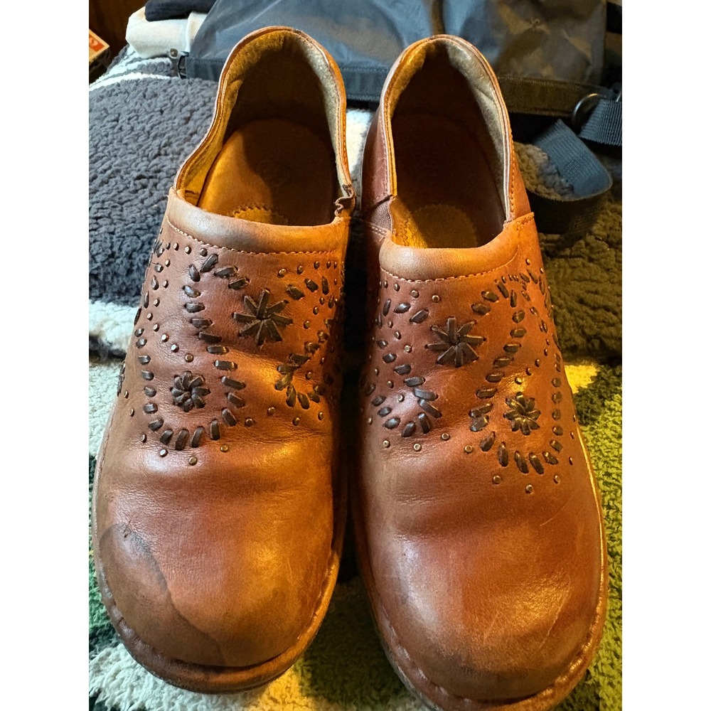Ariat Womens Brown Leather Whipstitch Floral Clogs Mules Wedge Shoes Size 8.5 B